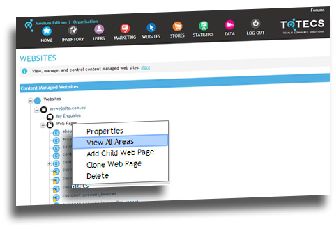 TOTECS Access All Areas From Websites Admin Centre interface